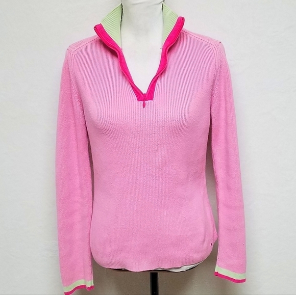 Vintage Retro Y2K Tommy Hilfiger Pastel Neon Pink Green Ribbed Pull-over Sweater - Picture 4 of 16